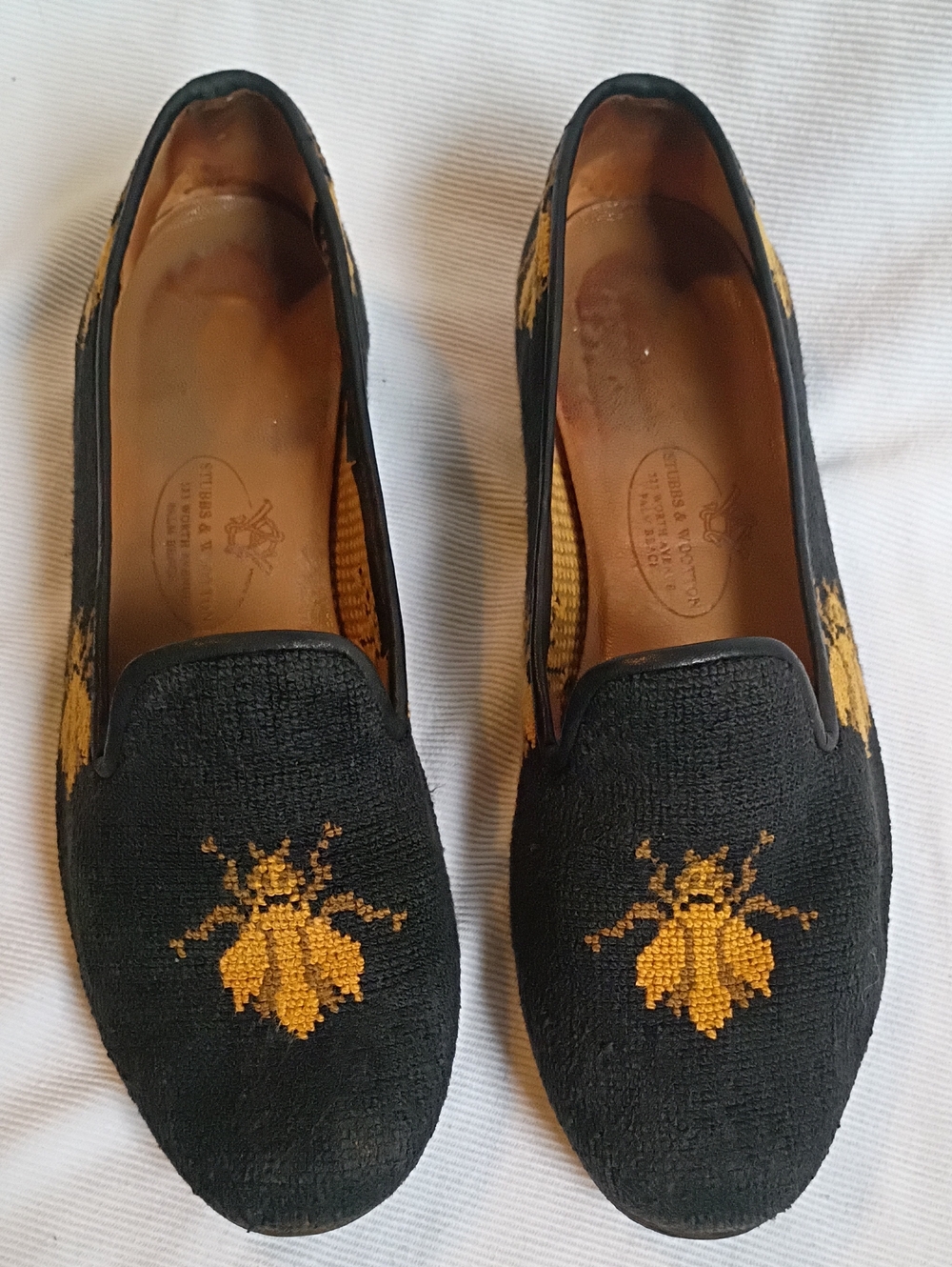 Stubbs & Wootton Black Needlepoint Loafers with Gold Bee Motif